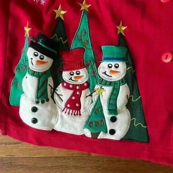 Vintage Embroidered Snowman Cardigan Ugly Christmas Sweater Petite Small Cottage - Picture 4 of 11